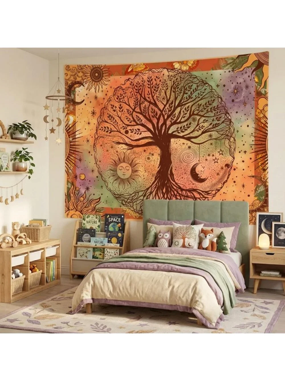 Boho Orange Tree of Life Tapestry - Sun Moon Stars Aesthetic Home Decor, 60x80